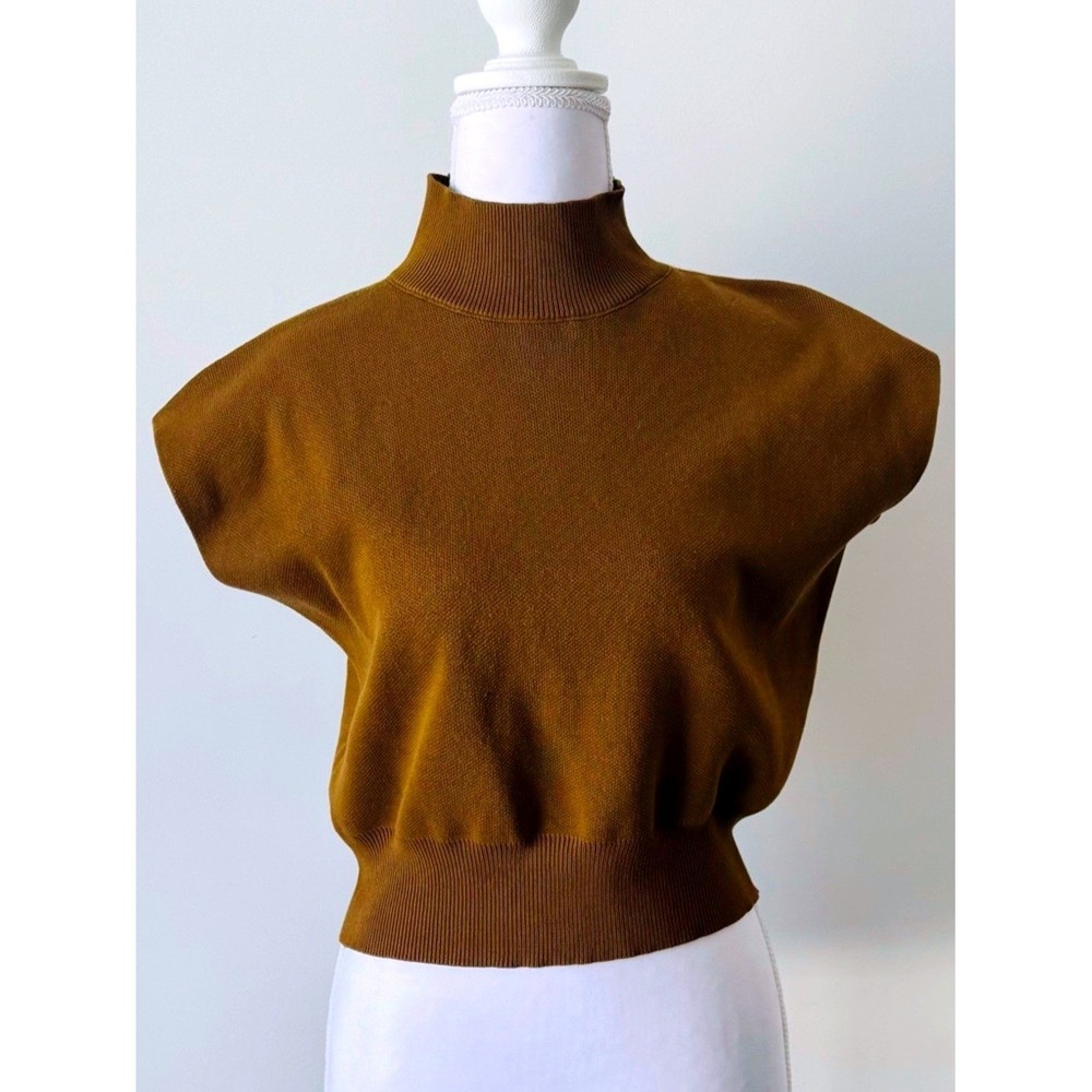 Mock Neck Knit Top Cropped Mustard Brown Commense Sz Sm